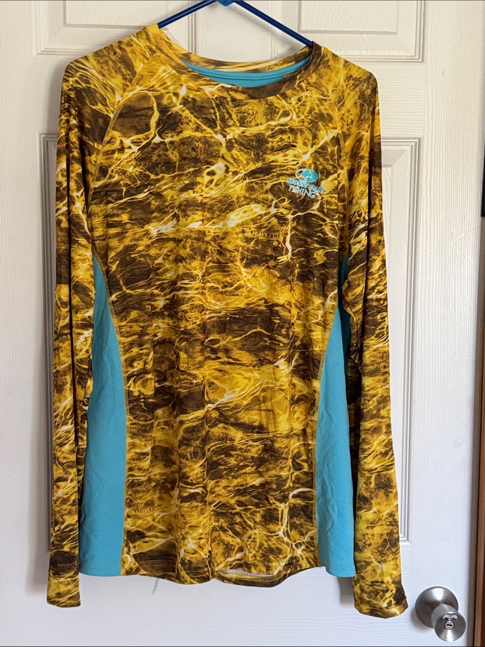 Long Sleeve Performance Shirt in Yellow Marble with Teal Panels Sz Large